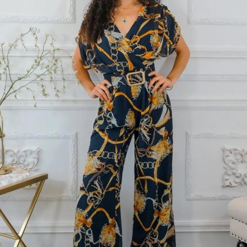 Printed Chains Belted Palazzo Jumpsuit